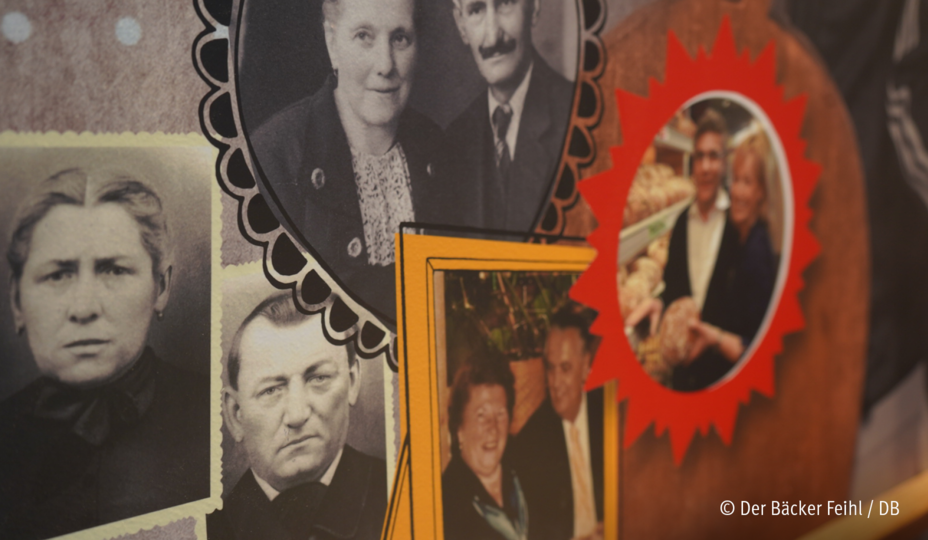 Ein Bild von alten Portraits, die die Geschichte der Bäckerei erzählen.