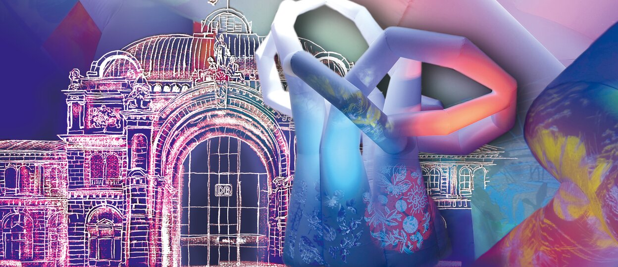 Eine künstlerische Collage mit einer Skulptur vor dem illustrieten Nürnberger Hbf. Eine künstlerische Collage mit einer Skulptur vor dem illustrieten Nürnberger Hbf.