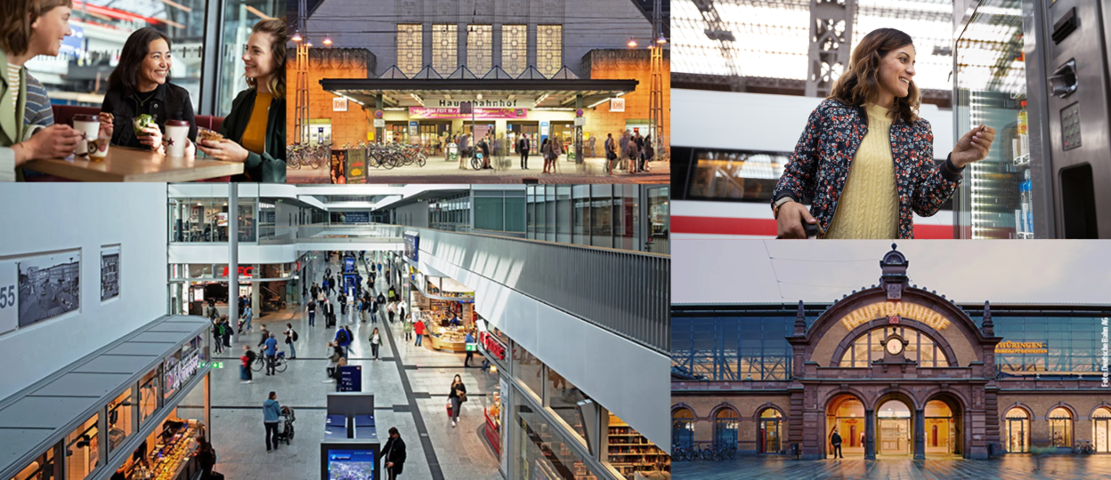 Ein Multiimage von verschiedenen Bahnhöfen und Personen im Bahnhof.