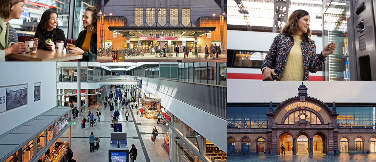 Ein Multiimage von verschiedenen Bahnhöfen und Personen im Bahnhof. Ein Multiimage von verschiedenen Bahnhöfen und Personen im Bahnhof.